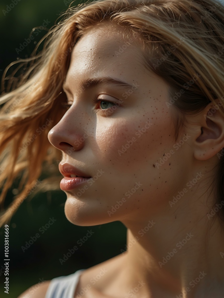 Close-up of a woman feeling the wind, calm and serene. Close-up of a woman feeling the wind, calm and serene.