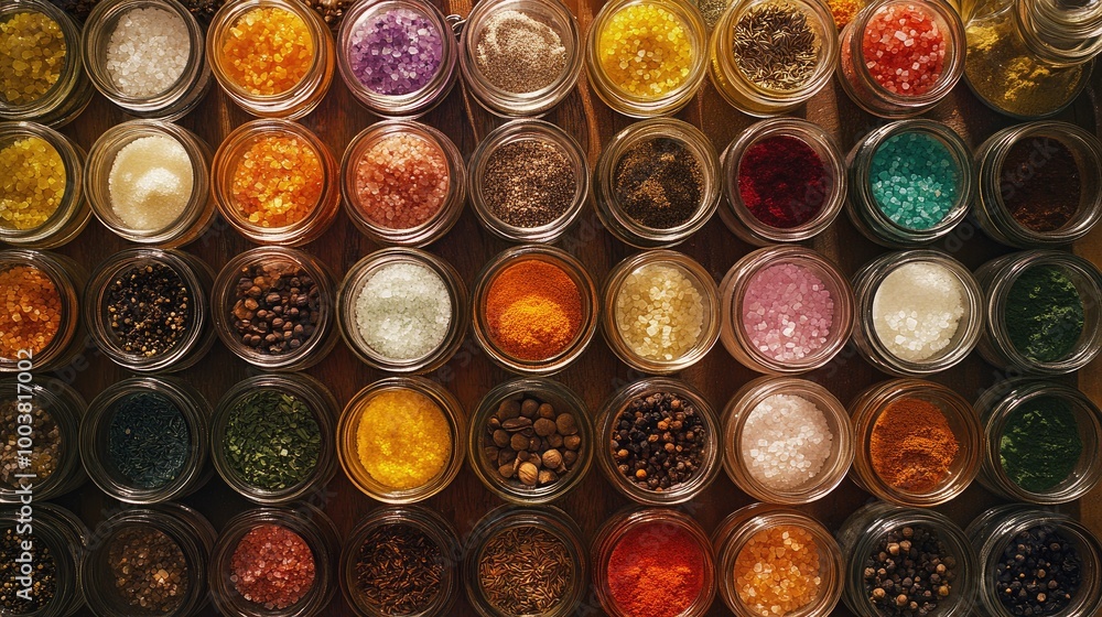 Colorful Spices and Herbs in Glass Jars Arrangement Colorful Spices and Herbs in Glass Jars Arrangement