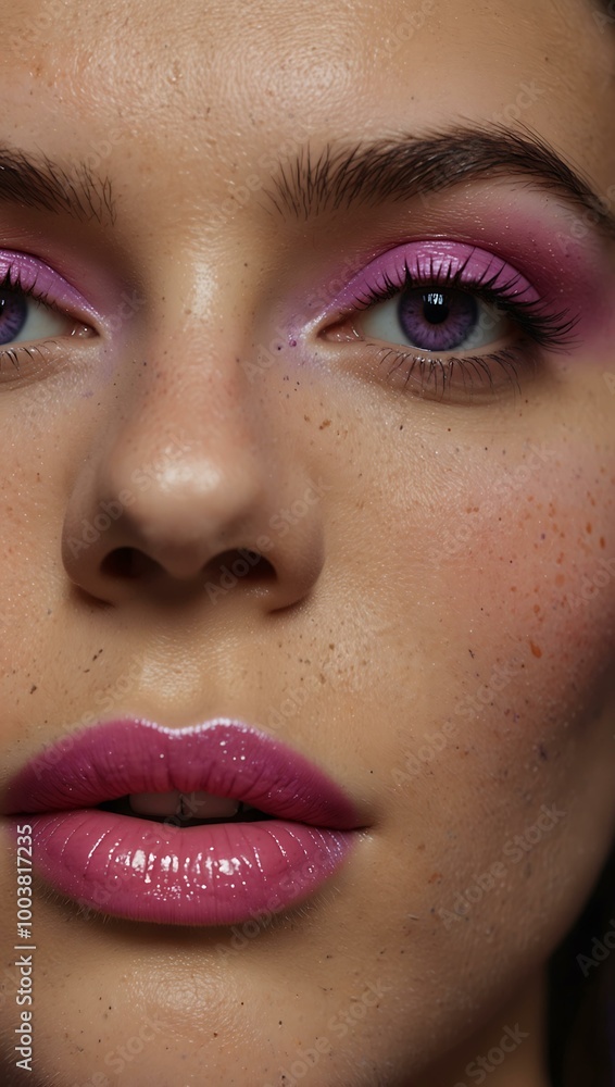 Close-up of a woman with pink and purple makeup. Close-up of a woman with pink and purple makeup.