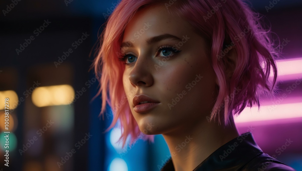 Close-up of a woman with pink hair under neon lights. Close-up of a woman with pink hair under neon lights.