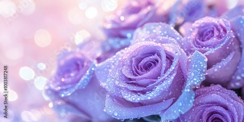 lovely bouquet of purple roses glistening with sparkling water droplets. The petals have a soft, velvety texture and the colors are simply enchanting, deep, rich purple with hints of blue and pink. photo