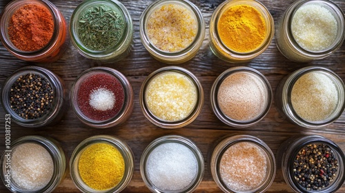 Colorful Spices in Glass Jars on Wooden Table