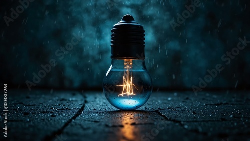 Blue light bulb on a cracked grunge background with rain. photo