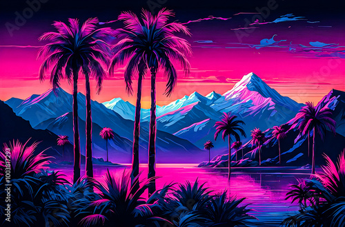 80s Vaporwave Mountains and Palm Trees Neon pink and purple palm trees against deep blue mountainssunset, beach, palm, tropical, tree, sea, sky, sun, summer, ocean, island, landscape, nature, sunrise, photo