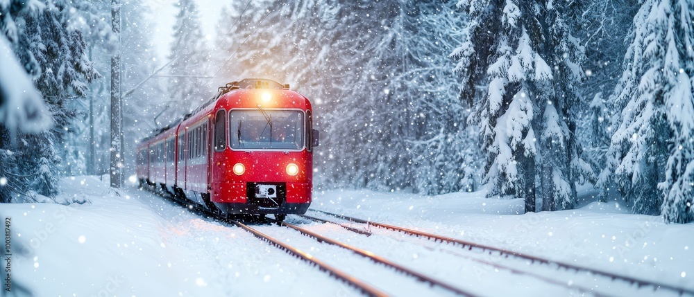 A red train traverses a snowy forest, lined with numerous trees and heavy snowfall alongside the tracks A red train traverses a snowy forest, lined with numerous trees and heavy snowfall alongside the tracks