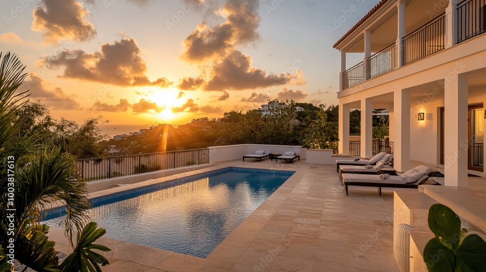Fototapeta premium Indulge in pure luxury at this exquisite villa, where breathtaking sunsets cast a golden glow over the opulent pool and inviting outdoor seating. Immerse yourself in an oasis of tranquility