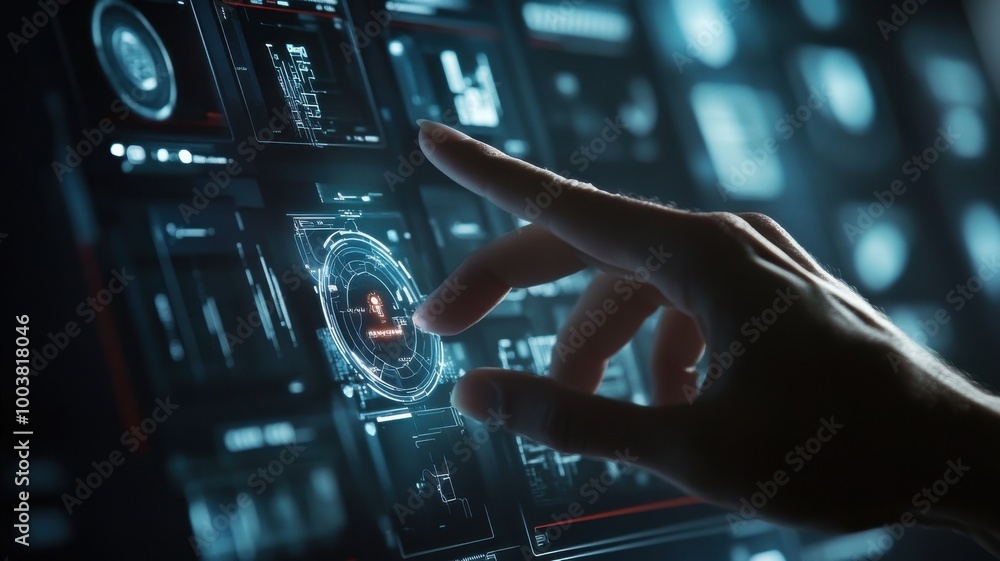 Hand interacting with a futuristic touchscreen interface technology display. Hand interacting with a futuristic touchscreen interface technology display.