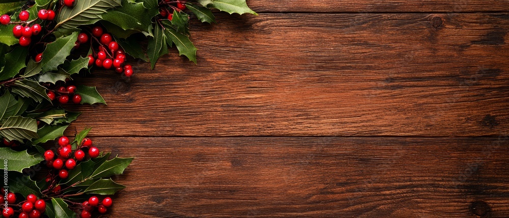 A holly branch with red berries and vibrant green leaves against a wooden backdrop - ideal for adding text or an accompanying image A holly branch with red berries and vibrant green leaves against a wooden backdrop - ideal for adding text or an accompanying image