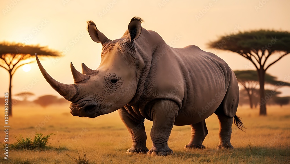 Fototapeta premium This captivating image showcases a majestic rhinoceros standing in the open savanna, bathed in the soft, golden light of sunrise. 