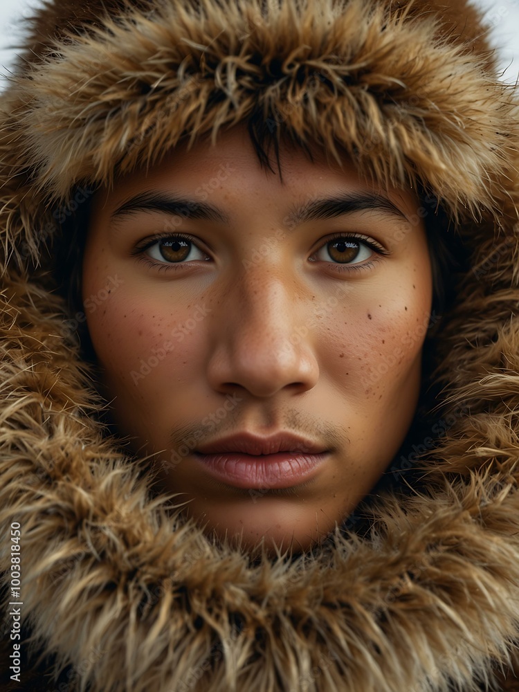 Close-up of an Eskimo in animal skin, looking at the camera. Close-up of an Eskimo in animal skin, looking at the camera.