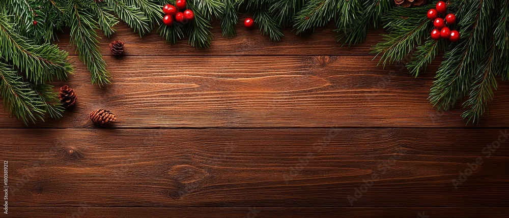 A tight shot of a pine tree's branches bearing red berries and pine cones against a wooden table, displaying more pine cones and red berries A tight shot of a pine tree's branches bearing red berries and pine cones against a wooden table, displaying more pine cones and red berries