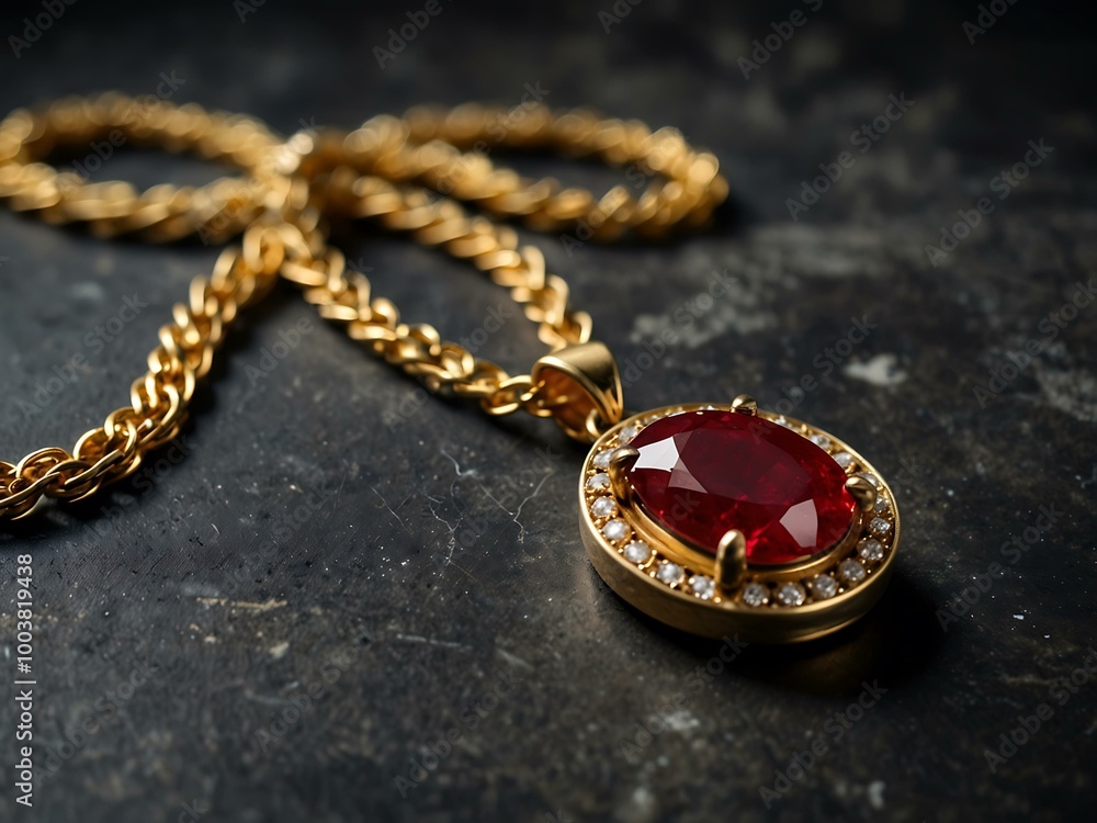 Close-up of gold necklace with a ruby on a grunge background. Close-up of gold necklace with a ruby on a grunge background.