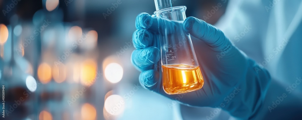 Close-up of a hand holding a laboratory flask with orange liquid, showcasing scientific research in a laboratory setting. Close-up of a hand holding a laboratory flask with orange liquid, showcasing scientific research in a laboratory setting.