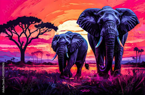 Silhouettes of elephants walking across the African savannah, with a retro neon glow outlining their shapessunset, animal, silhouette, tree, nature, landscape, vector, illustration, elephant, sky, saf photo