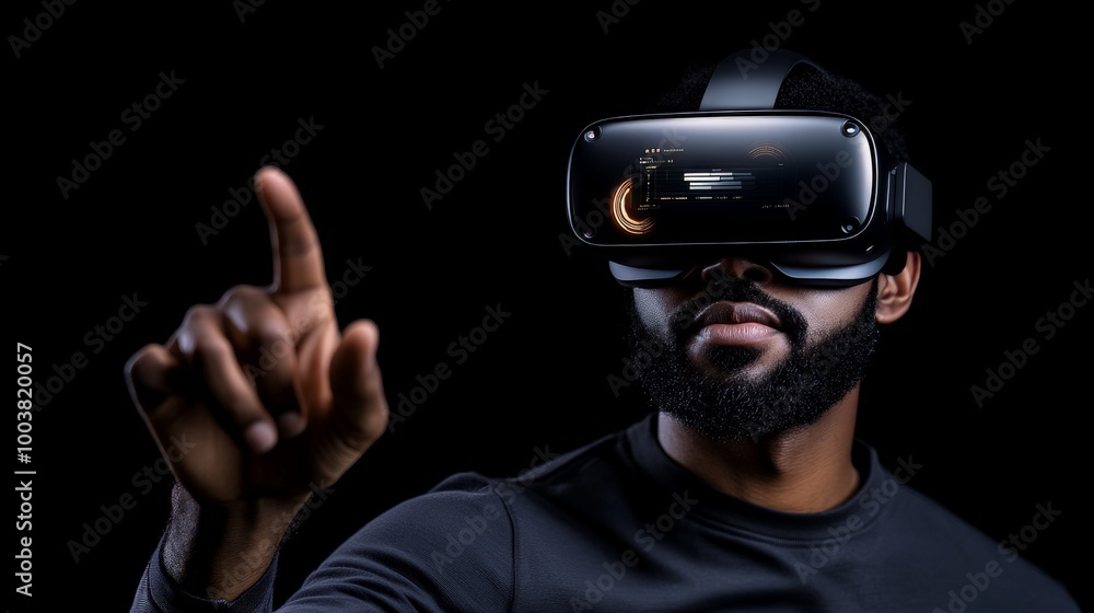 Metaverse Explorer: A focused man wearing a VR headset interacts with a virtual environment, his finger extended as if touching something unseen. Metaverse Explorer: A focused man wearing a VR headset interacts with a virtual environment, his finger extended as if touching something unseen.