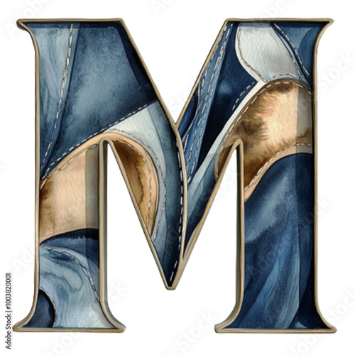 Elegant Stained Glass Letter M in Blue and Gold Hues, Artistic Monogram Design for Creative Typography and Sophisticated Branding Concepts photo