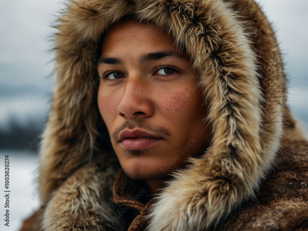 Close-up portrait of an Eskimo in animal skin. Close-up portrait of an Eskimo in animal skin.