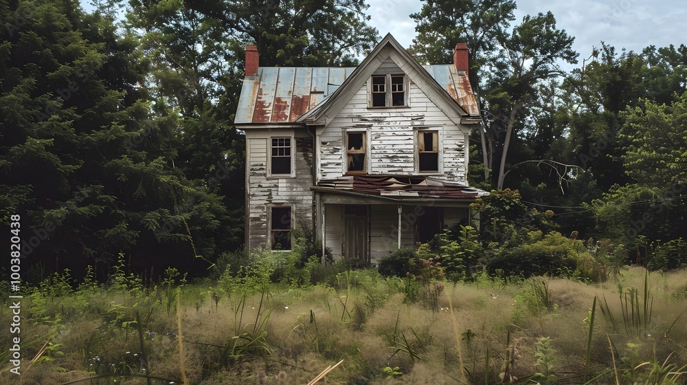 Fototapeta premium Abandoned Dilapidated Countryside House with Broken Windows and Overgrown Weeds Disheartened Concept