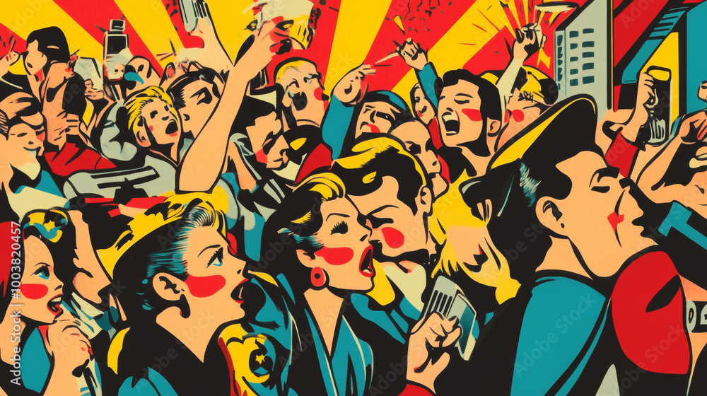 A busy sale with big discounts attracts a huge crowd, leading to excitement and a potential stampede. This retro illustration captures the chaotic energy of the scene with a vintage 50s.pop art. A busy sale with big discounts attracts a huge crowd, leading to excitement and a potential stampede. This retro illustration captures the chaotic energy of the scene with a vintage 50s.pop art.