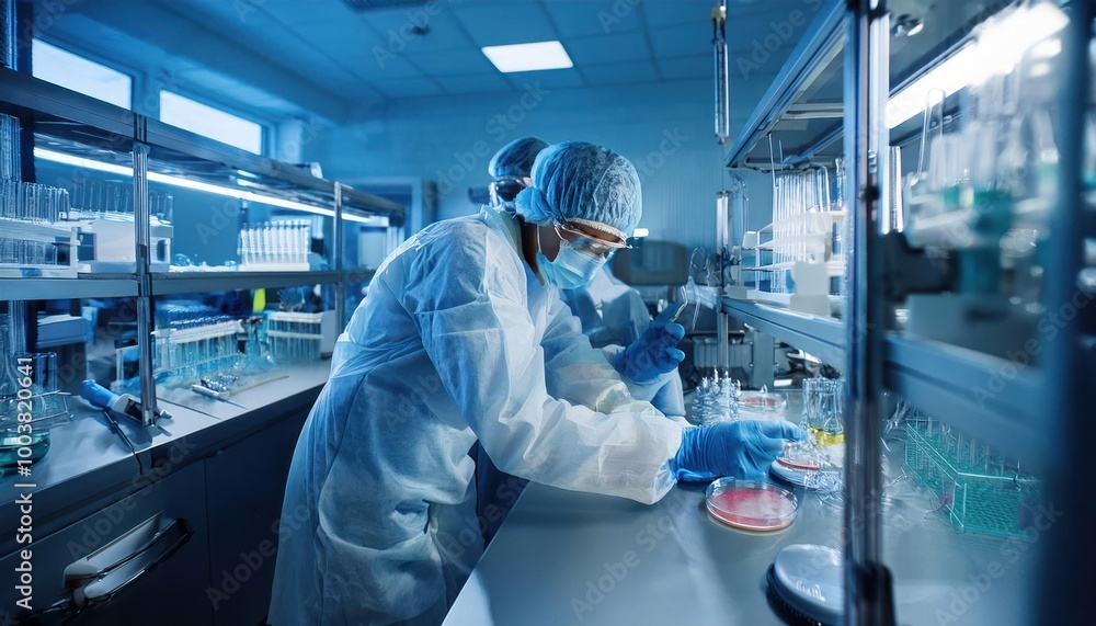 In a Secure High Level Laboratory Scientists in a Coverall Conducting a Research. Chemist In a Secure High Level Laboratory Scientists in a Coverall Conducting a Research. Chemist