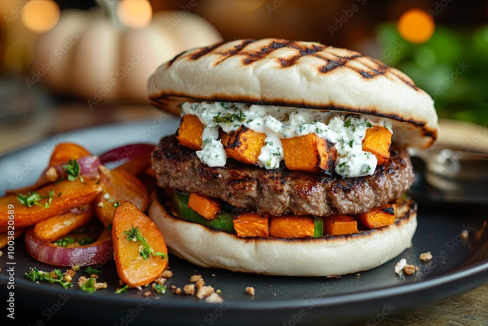 A unique lamb burger featuring a pumpkin and feta cheese mix, topped with mint yogurt sauce A unique lamb burger featuring a pumpkin and feta cheese mix, topped with mint yogurt sauce