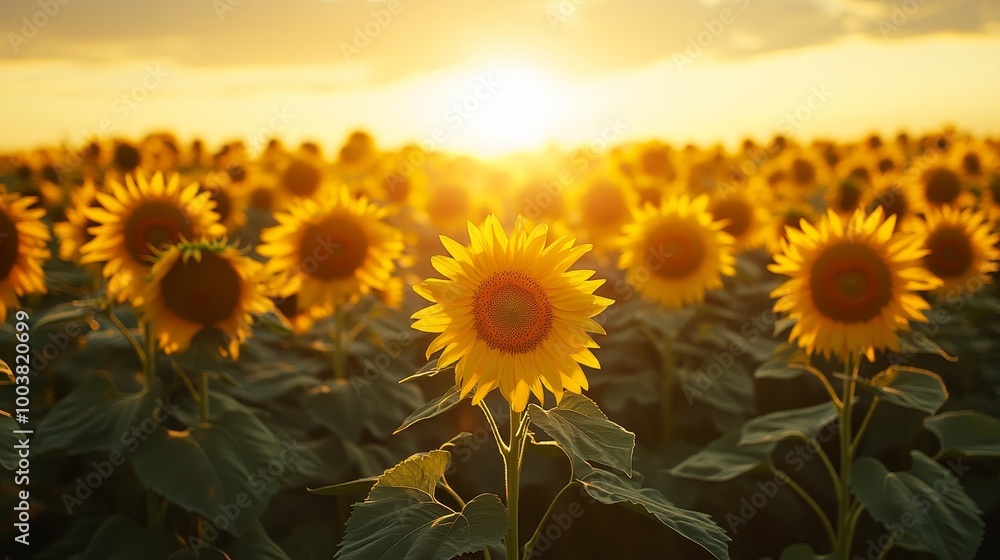 Fototapeta premium Rows of sunflowers forming a circle, all facing the radiant rising sun, golden light streaming through the sky, soft shadows on the field
