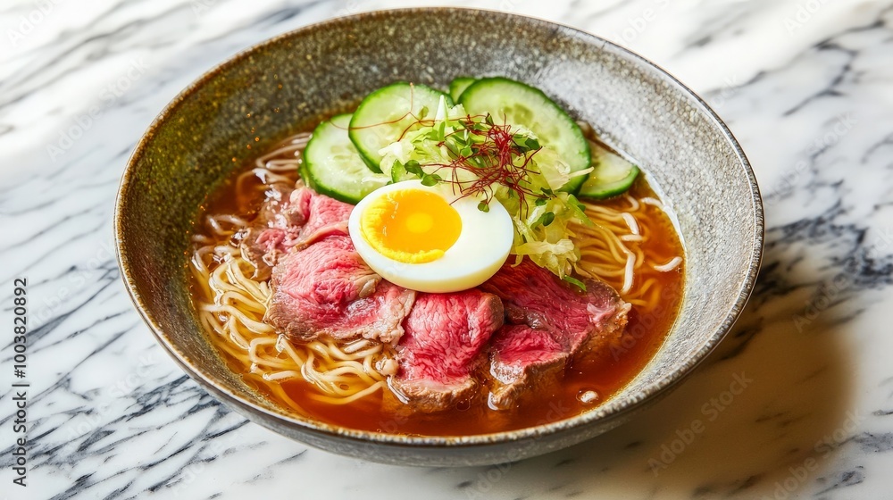 Cold Naengmyeon Noodles in a Bowl with Toppings Cold Naengmyeon Noodles in a Bowl with Toppings