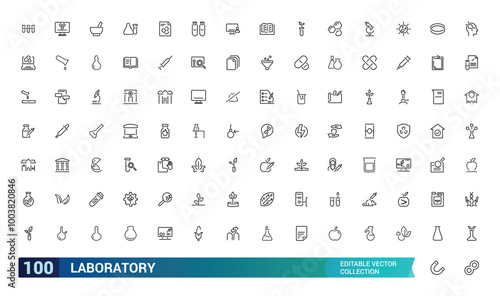 Laboratory line icon set. Test tube, flask, chemical, biology, microscope, research, lab and more. Outline vector icons collection. Editable stroke.