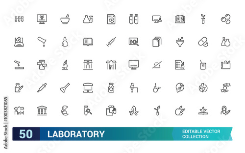 Laboratory line icon set. Test tube, flask, chemical, biology, microscope, research, lab and more. Outline vector icons collection. Editable stroke.