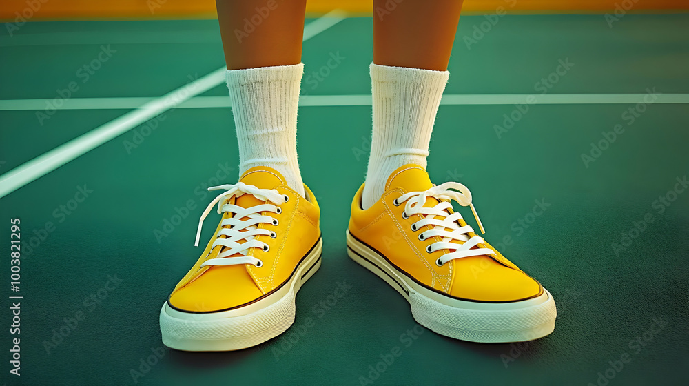 Yellow Canvas Sneakers with White Laces on Green Court Yellow Canvas Sneakers with White Laces on Green Court
