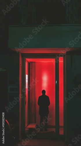 Moody night scene with lone figure in rain