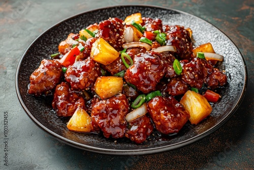 Crispy Sweet and Sour Pork Dish on Black Plate photo