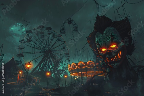 Creepy Carnival at Night with Ominous Ferris Wheel Broken Rides and Eerie Atmosphere Perfect for Halloween Backgrounds and Designs photo