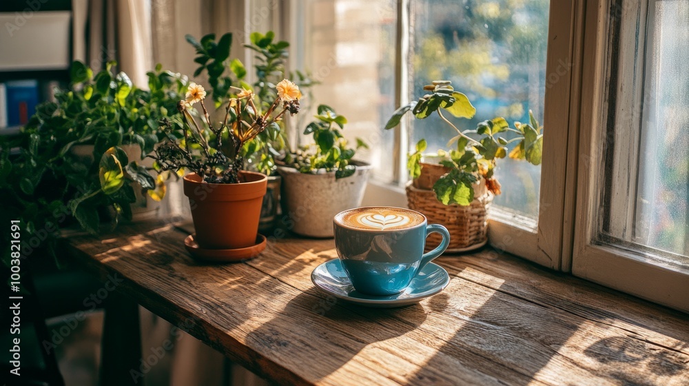 Fototapeta premium A hot cup of latte with beautiful art, sitting on a cozy wooden table by a window filled with natural light for a comforting scene