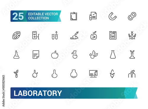 Laboratory line icon set. Test tube, flask, chemical, biology, microscope, research, lab and more. Outline vector icons collection. Editable stroke.