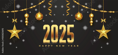 Happy New Year and Merry Christmas celebration with snowflakes, stars, and festive decorations in a winter-themed greeting card illustration for 2025