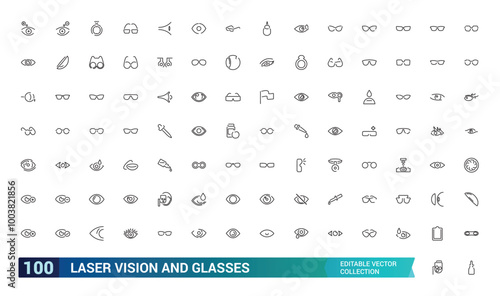 Laser vision and glasses line icons collection, Included Eye laser, Care, Sunglass and more, Editable stroke icons set, Pixel perfect, vector illustration.