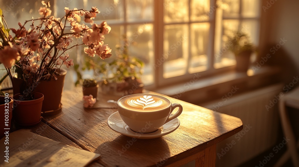 Exquisite latte art on a coffee cup, placed on a warm, wooden table near a window offering a cozy ambiance with soft daylight Exquisite latte art on a coffee cup, placed on a warm, wooden table near a window offering a cozy ambiance with soft daylight