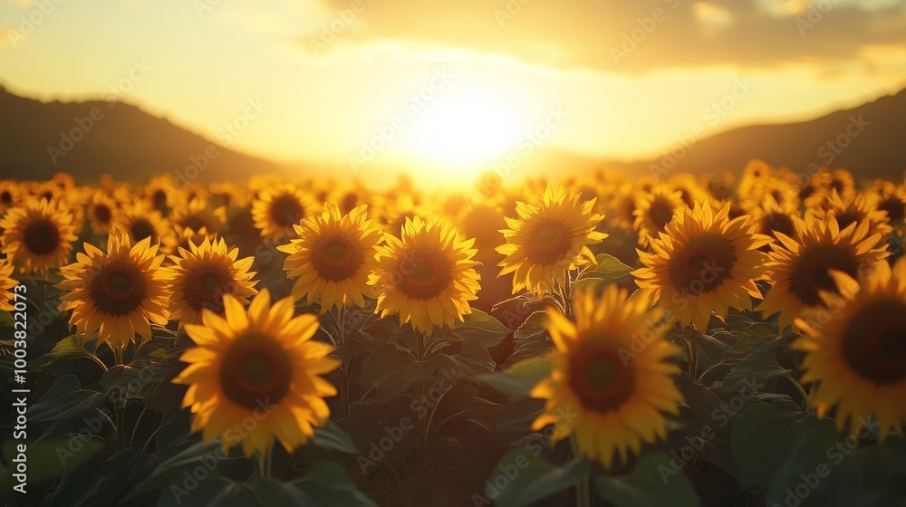 Fototapeta premium Sunflowers arranged in a circle, their faces turned towards the rising sun, soft morning light cascading over the landscape, warm yellow and orange tones