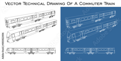 Commuter train technical line drawing blueprints. vector isolated in transparent background