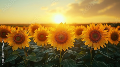 Sunflowers arranged in a circle, their faces turned towards the rising sun, soft morning light cascading over the landscape, warm yellow and orange tones