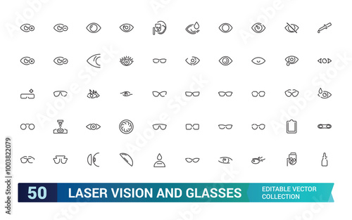 Laser vision and glasses line icons collection, Included Eye laser, Care, Sunglass and more, Editable stroke icons set, Pixel perfect, vector illustration.