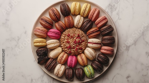 Top-down view of a circular platter with neatly arranged colorful macaroons, intricate designs on each, set on a clean white dessert dish