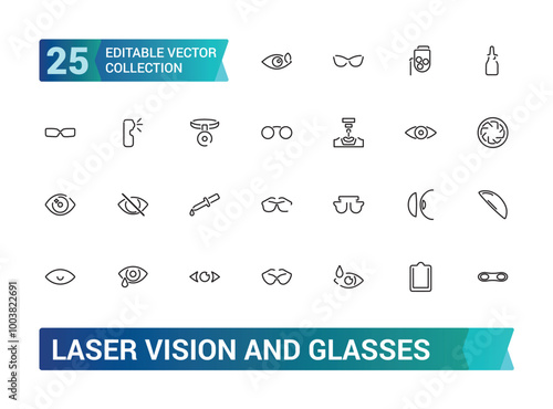Laser vision and glasses line icons collection, Included Eye laser, Care, Sunglass and more, Editable stroke icons set, Pixel perfect, vector illustration.