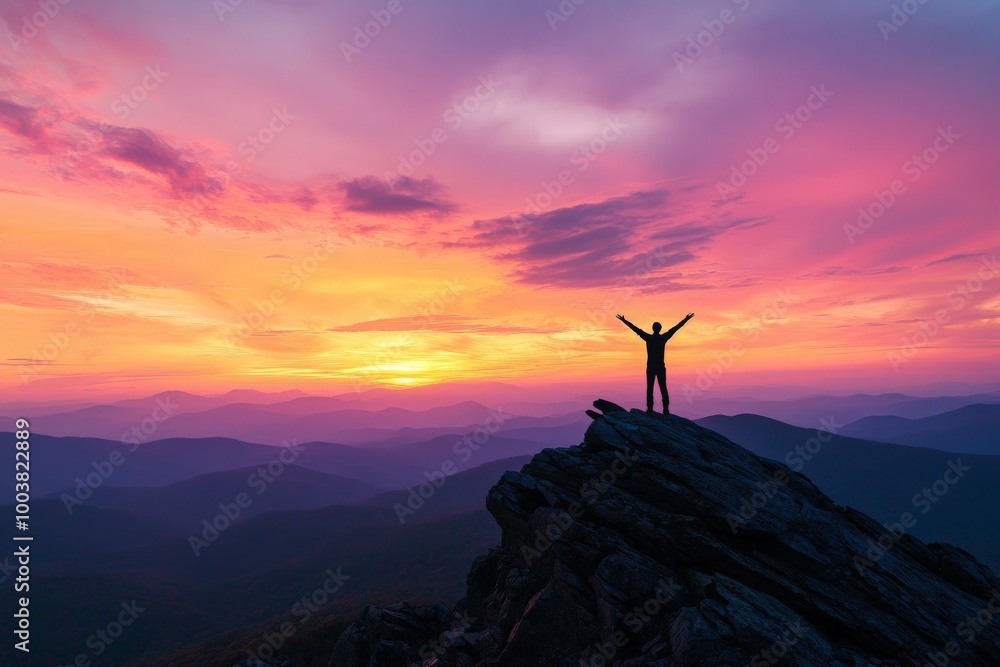Obraz premium Silhouette of Person on Mountain Peak at Sunset