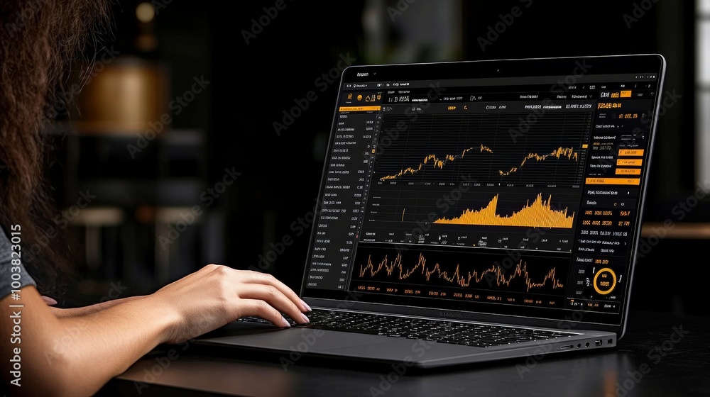 Market Analysis: A woman's hands navigate a laptop screen showcasing a complex financial chart, hinting at meticulous market analysis and strategic investment decisions.  