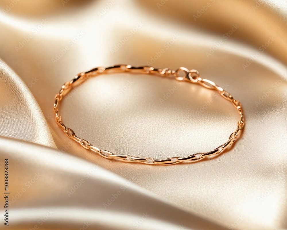 Elegant gold bracelet resting on silky fabric, showcasing its intricate design and luxurious appeal. Elegant gold bracelet resting on silky fabric, showcasing its intricate design and luxurious appeal.