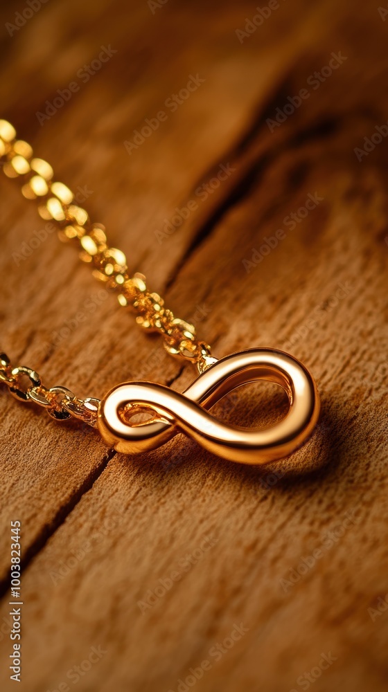 Elegant gold infinity necklace on wooden surface, showcasing timeless beauty and style. Elegant gold infinity necklace on wooden surface, showcasing timeless beauty and style.