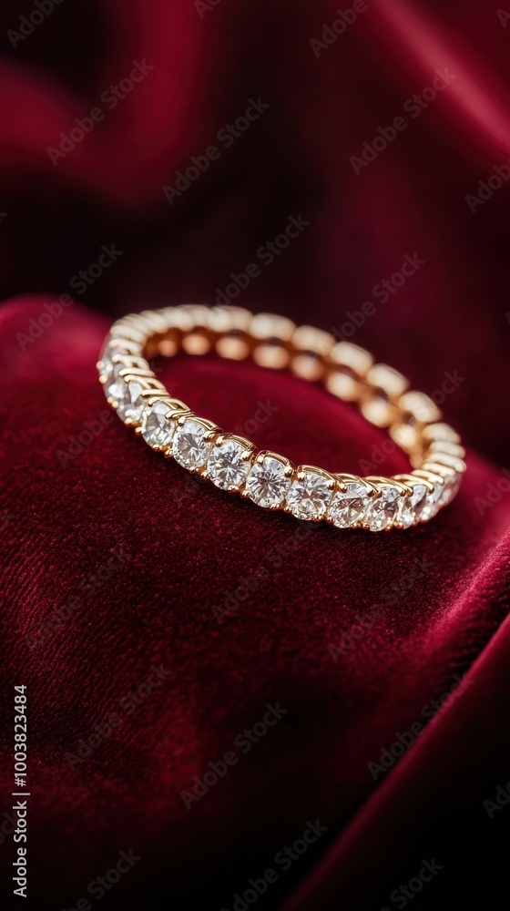 Fototapeta premium Elegant gold ring adorned with sparkling diamonds, resting on luxurious red velvet fabric.