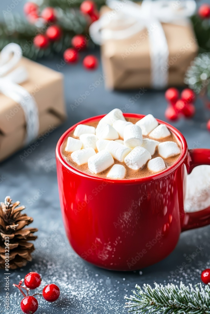 A table holds a mug of hot chocolate, garnished with marshmallows, alongside a solitary pine cone and assorted Christmas decorations A table holds a mug of hot chocolate, garnished with marshmallows, alongside a solitary pine cone and assorted Christmas decorations